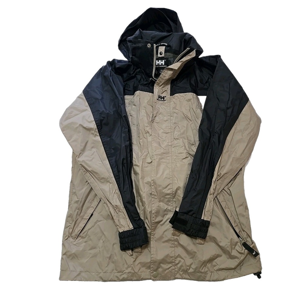 Vtg Helly Hansen Jacket Mens M Helly Tech Beige Black Waterproof Rain Shell Hood
